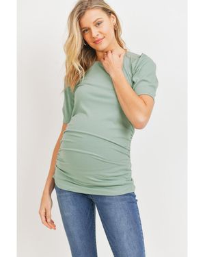 Hello Miss Maternity Ribbed Ruched Short Sleeve Puff Top - Green