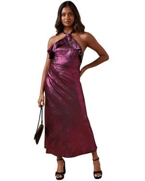 Oasis Foil Halterneck Ruffle Foil Midaxi Dress - Red