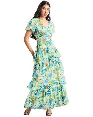 Warehouse Waist Puff Sleeve Tiered Midi Dress - Green