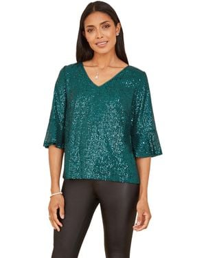 Yumi' Fluted Sleeve Sequin Top - Green