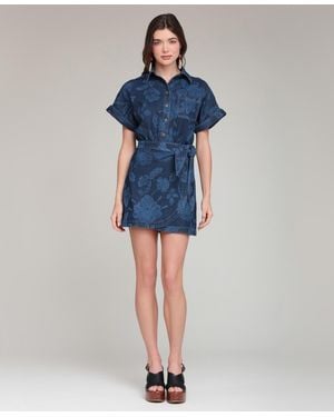 Avec Les Filles Printed Denim Shirt Dress With Wrap Skirt - Blue
