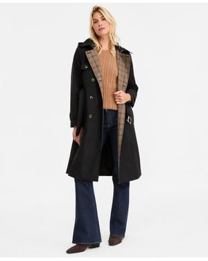 London Fog Plaid-collar Belted Trench Coat - Black
