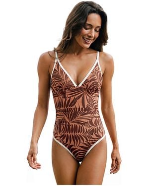 CUPSHE Tropical Leaf Print V Neck One Piece Swimsuit - Brown