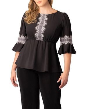 Kiyonna Plus Size Chateau Lace Trim Peplum Top - Black