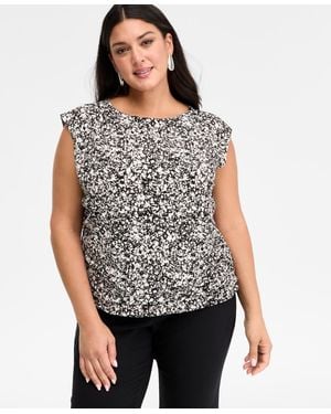 INC International Concepts Plus Size Printed Boat Neck Cap Sleeve Top - Gray