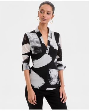 INC International Concepts Long-sleeve Printed Mesh Collared Top - White