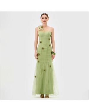 Bariano Karoline One Shoulder Tulle Gown - Green