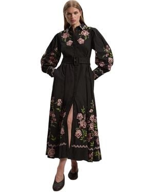 Karen Millen Rose Embroidered Cotton Shirt Dress - Black