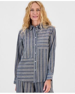 Nautica Long-sleeve Linen-blend Striped Shirt - Blue