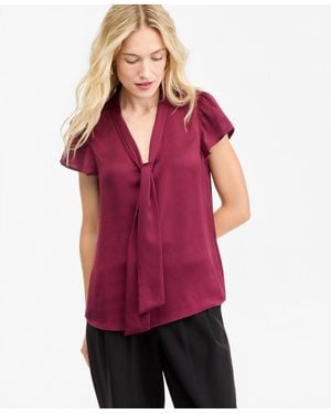 BarIII Satin Tie-neck Flutter-sleeve Short-sleeve Blouse - Red