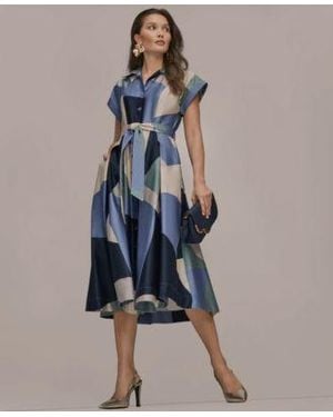 Donna Karan Cap Sleeve Spread Collar Geometric Colorblock Midi Shirt Dress - Blue