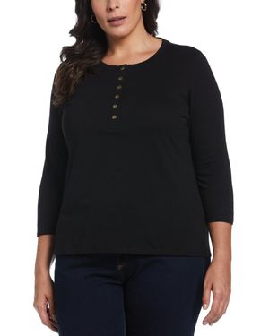 ELLA rafaella Plus Size Cotton 3/4 Sleeve Henley Top - Black