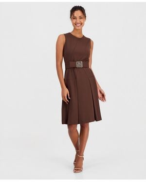 Anne Klein Belted Sleeveless Fit & Flare Dress - Red
