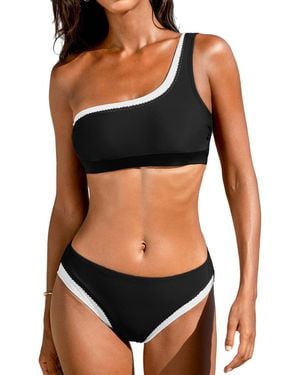 CUPSHE Cocoa Sunset Scallop Trim One Shoulder Bikini Set - Black