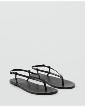 Mango Wide Strap Leather Sandals - Black
