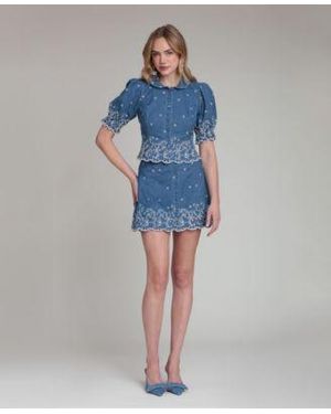 Avec Les Filles Spread Collar Short Sleeve Top Scallop Hem Mini Skirt - Blue