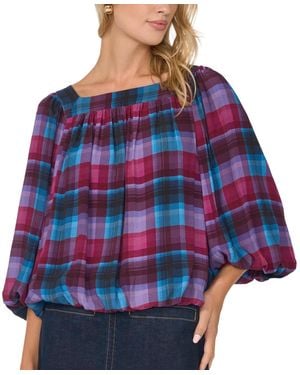 Vince Camuto Plaid Square Neck 3/4-sleeve Bubble Blouse - Blue