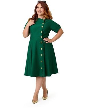Unique Vintage Plus Size 1950s Contrast Button Swing Dress - Green