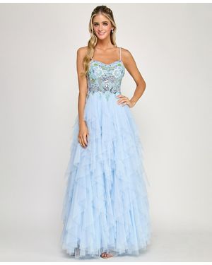 SAY YES Beaded Corset Ruffle V-neck Ball Gown - Blue