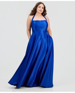 B Darlin Trendy Plus Size Satin Halter Gown - Blue