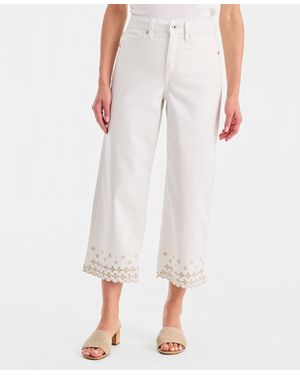Style & Co. Petite Wide-leg Embroidered Scallop High-rise Cropped Jeans - White