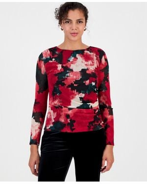 BarIII Long-sleeve Crewneck Ruched Top - Red