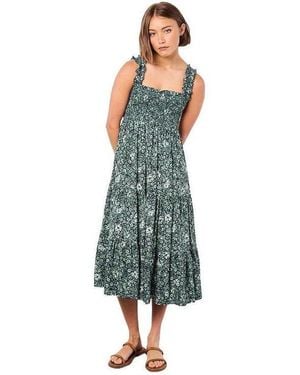 Apricot Viscose Floral-print Square Neck Tiered Midi Dress - Black