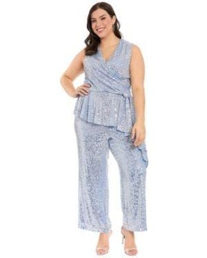 Muse Plus Size Sleeveless V Neck Top Plus Size Sequined Pull On Pants - Blue