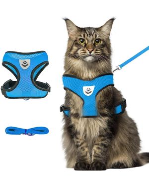 Aronkl Summer Cat Harness Leash Set Anti Escape Adjustable Soft Mesh Reflective Breathable Lightweight - Blue