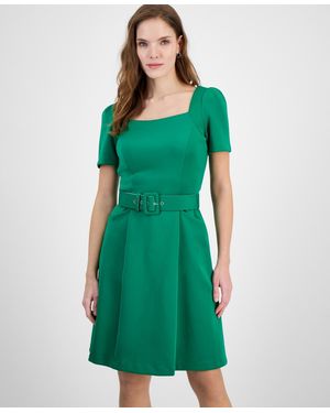 Donna Ricco Donna Rico Square-neck Belted Short-sleeve Dress - Green