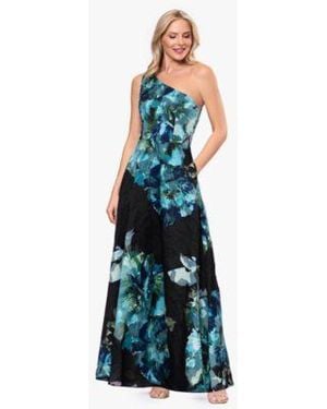 Betsy & Adam Betsy Adam One Shoulder Burnout Print Ball Gown - Blue