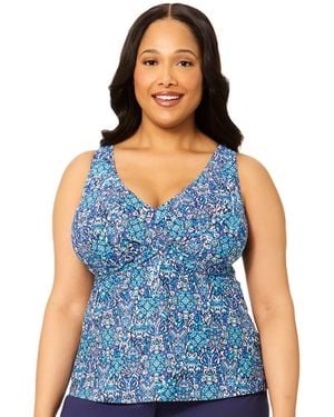 Island Escape Plus Size Printed V-neck Underwire Tankini Top - Blue