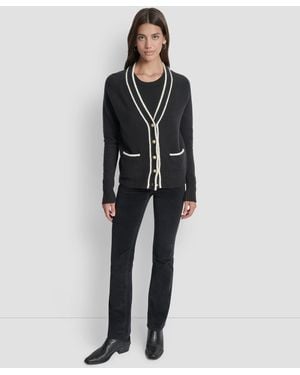 DKNY Long Sleeve Tipped V-neck Cardigan Sweater - Black