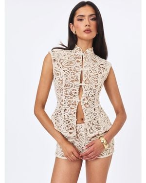 Miss Circle Rosetta Crochet Mandarin-collar Sleeveless Top - White