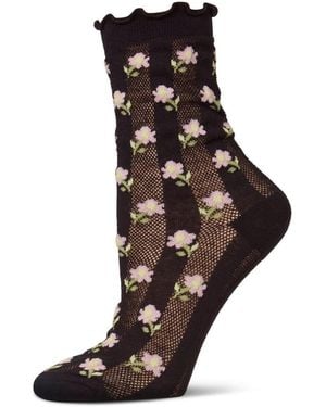 Memoi "ditsy Floral" Cotton-rich Mini-net Ruffle-edge Ankle Sock - Black