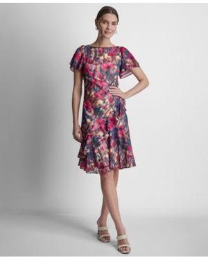 DKNY Double Flutter Short Sleeve Ruffle Hem Dress - Red