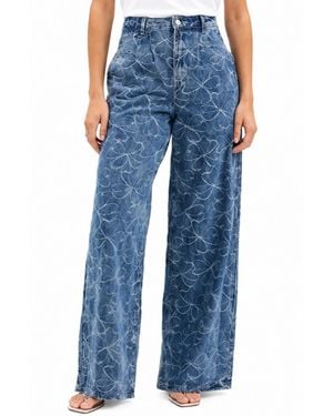 Joie Wide Leg Pleated Embroidered Denim Pants - Blue