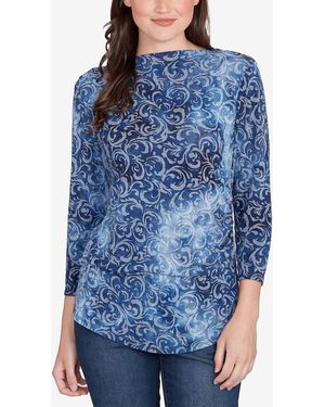 Ruby Rd. Petite Tie Dye Scroll Floral Hatchi Top - Blue