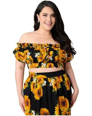 Unique Vintage Plus Size 1970s Off Ruffle Up Crop Top - Black