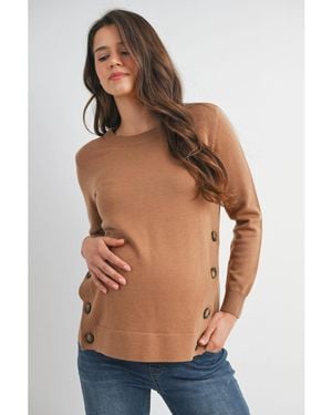 Hello Miss Maternity Crew Neck Side Button Knit Nursing Friendly Sweater - Blue