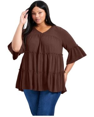 Avenue Plus Size Amy Tiered Bell Sleeve Blouse - Brown