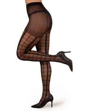 Memoi Sheer Plaid Tights - Brown