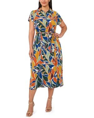 Msk Plus Size Belted Collared Short-sleeve Midi Dress - Blue
