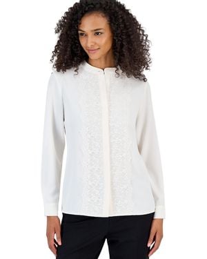 Anne Klein Petite Flutter Long-sleeve Collared Lace Placket Blouse - White