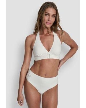 DKNY Shirred Buckle Front V Neck Halter Top Bottoms - White