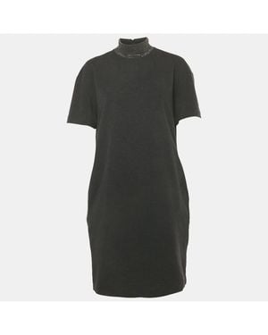 Pre-owned Brunello Cucinelli Charcoal Gray Cotton Knit Monili Trim Detail Shift Dress - Black
