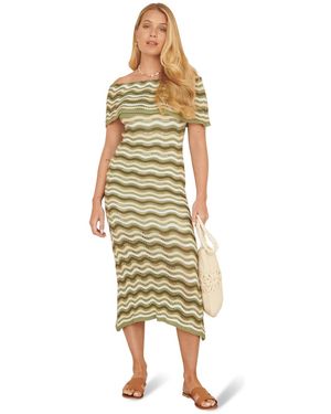 Yumi' Stripe Crochet Knit Bardot Midi Dress - Metallic
