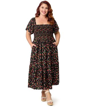 Unique Vintage Plus Size Smocked Bodice Midi Dress - Brown