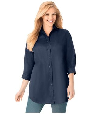 Woman Within Within Perfect Three Quarter Sleeve Shirt - Blue