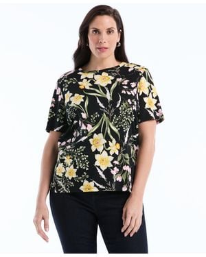 Rafaella Plus Size Garden Print Button Detail Short-sleeve Top - Black